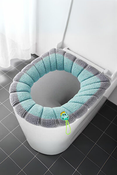 Emmaisie Yumuşak Dokulu Esnek Yıkanılabilir Klozet Kapağı Kılıfı Klozet Örtüsü - Oluklu Desen Su Yeşili-Gri