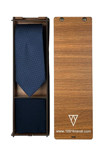 1001 Kravat Classic Men's Birthday Gift Set with Wooden Box, Navy Blue Tie and Socks