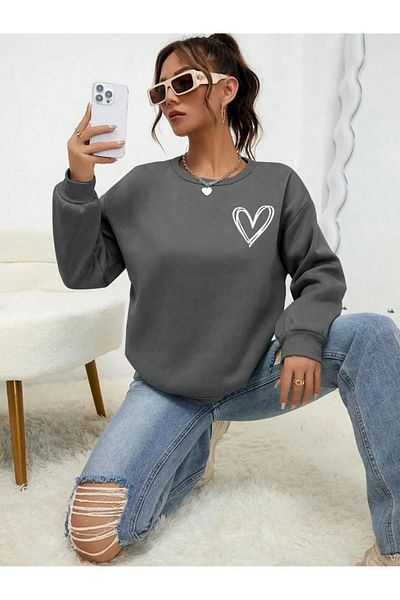 NO 601 Women's Flap Printed Crew Neck Hoodless Sweatshirt