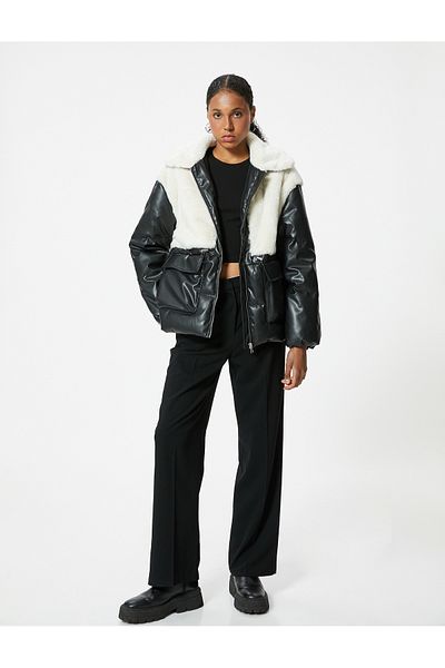 Koton Plush Detailed Leather Look Puffer Jacket with Zippered Pockets