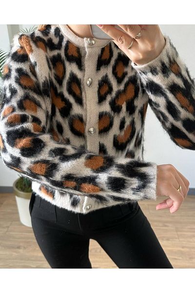 By Nilgün Akay Leopard Patterned Ribbed Cardigan