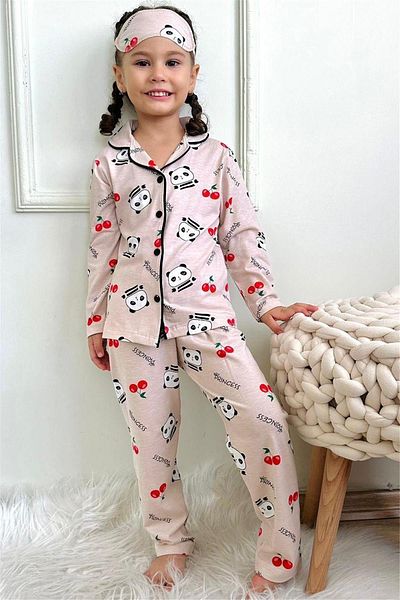 LİLLYPİCCA Girls' Panda Cherry Print Long Sleeve Pajamas Set + Eye Patch Included