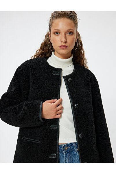 Koton Jachetă lungă de pluș din piele artificială, cu nasturi, decolteu, cu buzunare