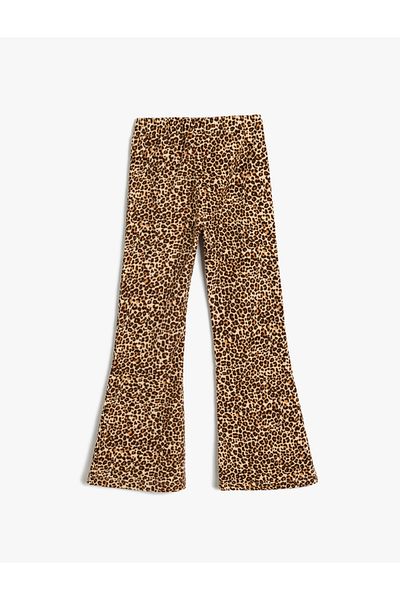 Koton Leopard Print Spanish Leg Trousers - Elastic Waist Raised