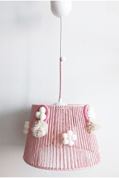 C&A&B KUZEY AVİZE Pink Macrame Rope Wrap Pink Balloon and Flower Pompom Baby Girl and Children's Room Design Pendant Lamp Chandelier
