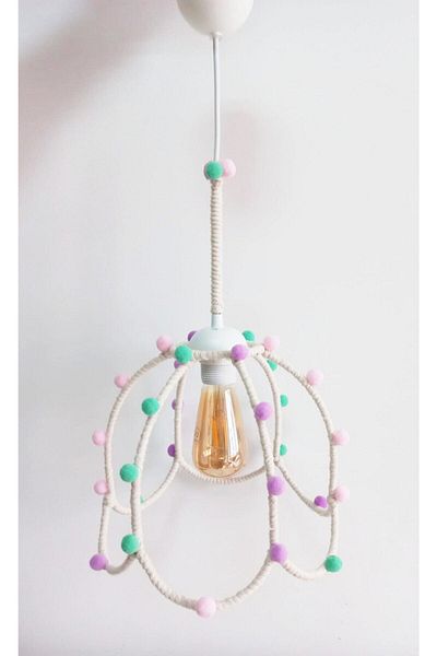 C&A&B KUZEY AVİZE Macrame Rope Wrap Colorful Pompom Baby Girl and Child's Room Pendant Lamp Chandelier