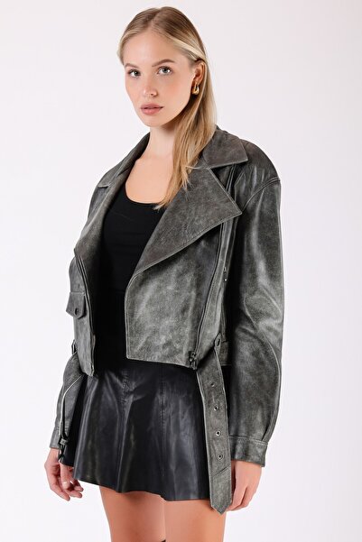 Leather Club Metal Gri Oversize Hakiki Deri Ceket