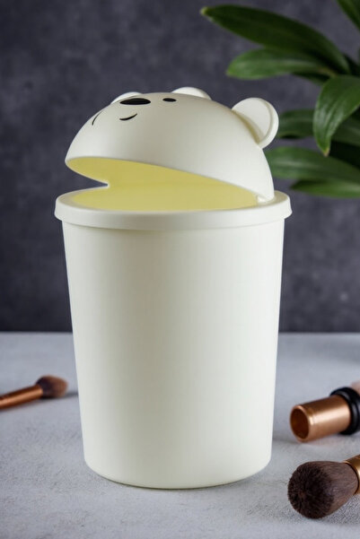 Melkan Home White Mini Trash Can - Table Top, Bucket with Teddy Bear, 1 Liter