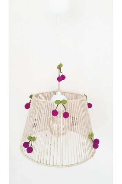 C&A&B KUZEY AVİZE Wicker Rope Wrapped Purple Cherry Pompom Baby and Children's Room Pendant Lamp Chandelier