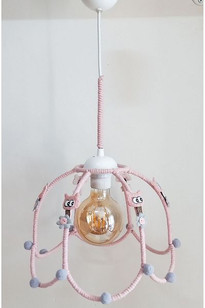 C&A&B KUZEY AVİZE PINK MACROME ROPE WRAPPED DAISY FLOWER AND POMPOM DESIGN BABY GIRL AND CHILDREN'S ROOM PENDANT LIGHT CHANDELIER
