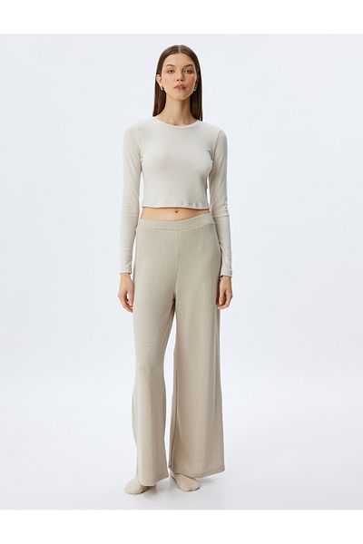 Koton Long Sleeve Crew Neck Knit Crop Sleepwear Top