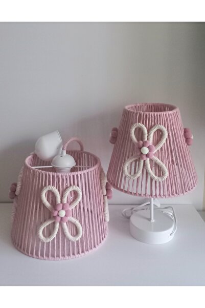 C&A&B KUZEY AVİZE PEMBE MAKROME İP SARGI ÇİÇEK APLİKELİ KIZ BEBEK VE KIZ ÇOÇUK ODASI TASARIM AVİZE VE ABAJUR SET