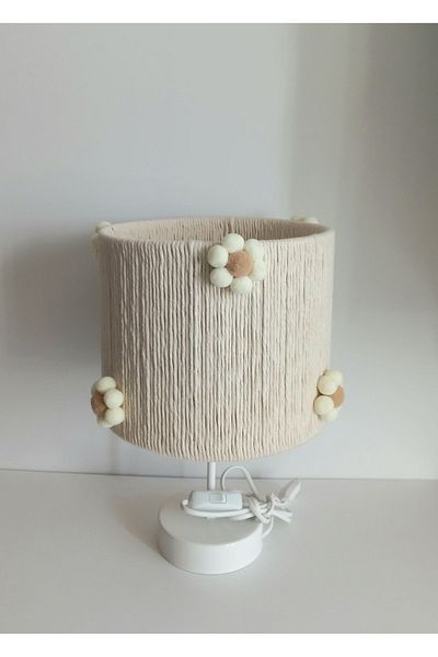 C&A&B KUZEY AVİZE CYLINDER ECRU MACRAME ROPE WRAPED FLOWER POMPON BABY GIRL CHILDREN'S ROOM LAMPSHADE