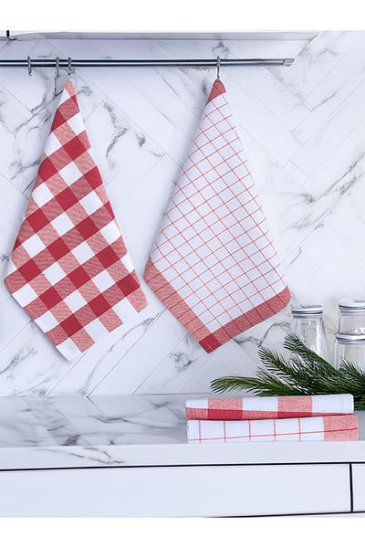 Tuable Serina 4-Piece Checkered Set, Kitchen Drying Cloth, Nutrition Cover, American Service, Red Set 45X70Cm