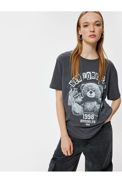 Koton Teddy Bear Printed Oversize Cotton T-Shirt - Crew Neck, Short Sleeve