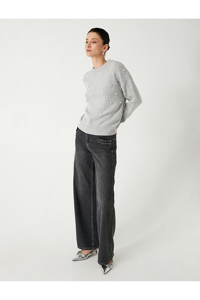 Koton Soft Textured Long Sleeve Pearl Embroidered Oversize Knitwear Sweater