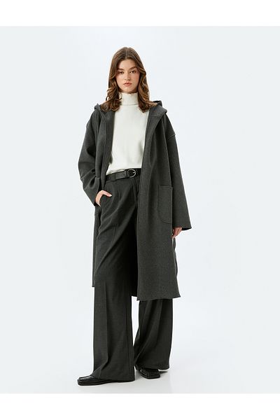 Koton Pocketed Belted Hooded Long Coat