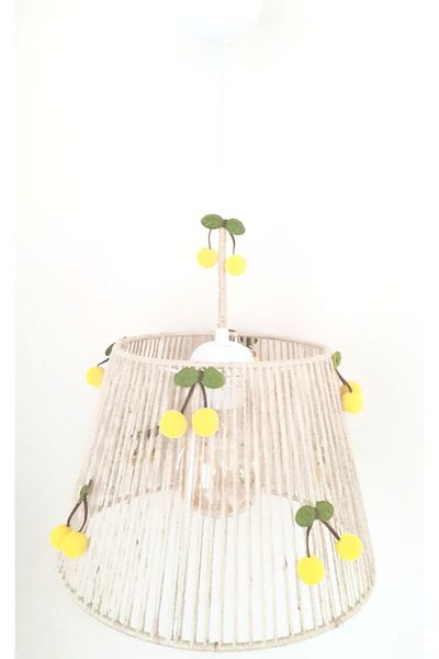 C&A&B KUZEY AVİZE Wicker Rope Wrapped Yellow Cherry Pompom Baby and Children's Room Pendant Lamp Chandelier