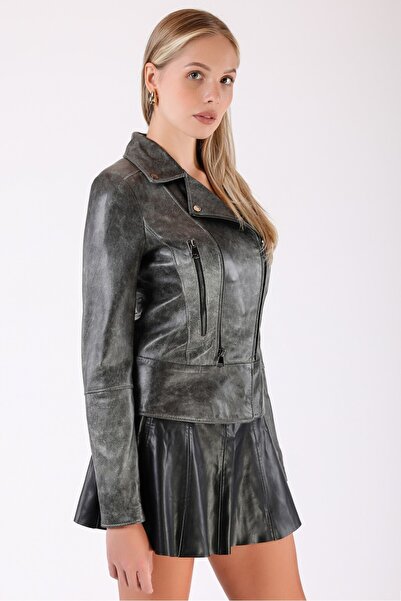 Leather Club Metal Gri Vintage Hakiki Deri Ceket
