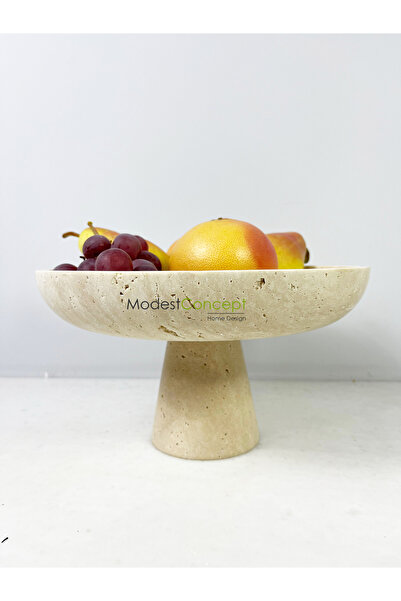 Modestmar Ivory Traverten Ayaklı Kase, Traverten Dekoratif Kase, Traverten Ta...