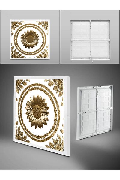 Gökyüzü Panel 60Watt Gold Printed Daisy Led Home Chandelier - 60X60 Led Luminaire, Luxury Led Panel Luminaire, 6400K