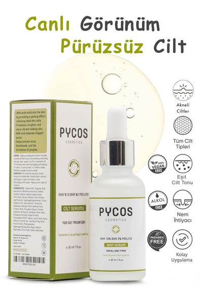 PYCOS COSMETICS Aha %10 Bha %2 Peeling Canlandırıcı, Cilt Tonu Eşitleyici, Le...
