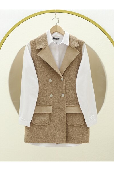 Modamorfo Boucle Vest with Double Pockets and Buttons - Mink