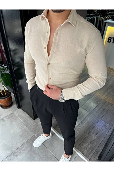 Anılfashion Erkek Çok Rahat Oldmoney Oversize Keten Gömlek Krem