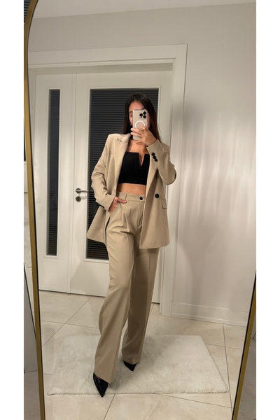 cn novembersun Kadın Bej Blazer Ceket Pantolon Takım