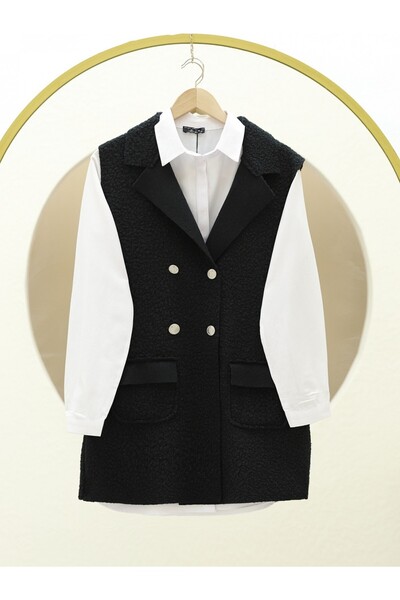 Modamorfo Black Boucle Vest with Buttons and Double Pockets