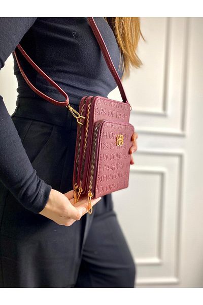 modvina Claret Red Γυναικεία τσάντα πορτοφόλι με 3 διαμερίσματα με δερμάτινο λουράκι