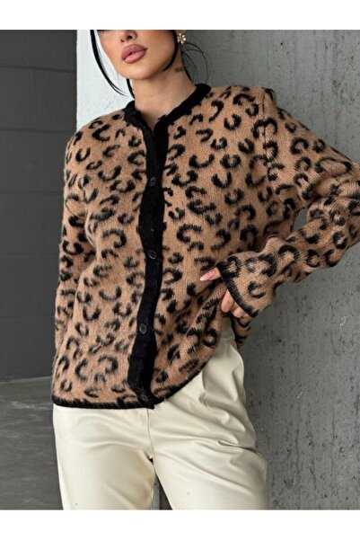 Modamorfo Raised Leopard Patterned Knitwear Cardigan