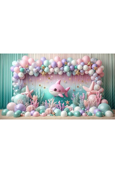 Venspor Deniz Altı Temalı Sevimli Köpekbalığı ve Mercan Arkaplan, 200x150cm S...