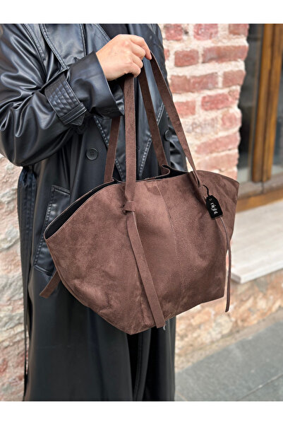 Night حقيبة يد وكتف نسائية كبيرة الحجم من جلد الغزال باللون البني المر