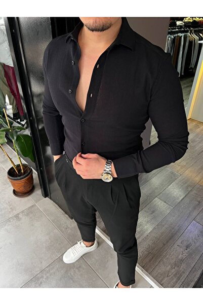 Anılfashion Düz Keten Kolay Ütülenebilir Yazlık Erkek Gömlek