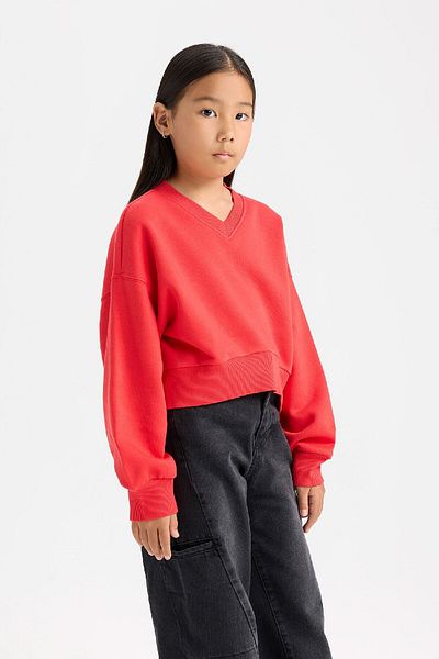 DeFacto Kurz geschnittenes Basic-Sweatshirt mit V-Ausschnitt für Mädchen D7047A824WN
