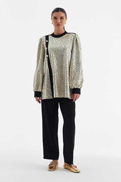 YAFA CLOTHING & ACCESSORIES Black Foil Printed Blouse and Trousers Set