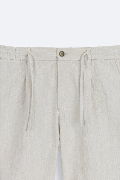 Avva Erkek Bej Beli Lastikli Keten Karışımlı Relaxed Fit Şort B003731