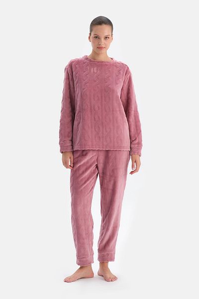 Dagi Σετ μακρυμάνικη πιτζάμες με λεπτομέρεια Dusty Rose Knit
