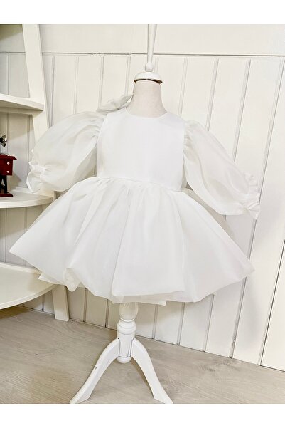 HOBİ Karolin balon kollu kabarık beyaz elbise - özel gün kız çocuk abiye elbise