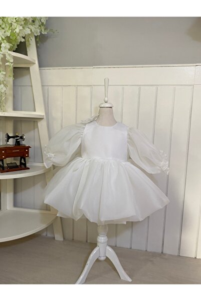 HOBİ Karolin balon kollu kabarık beyaz elbise - özel gün kız çocuk abiye elbise