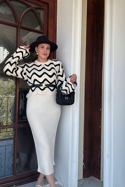 Tanos Patterned Blouse Dress Combination Knitwear Casual Double Set