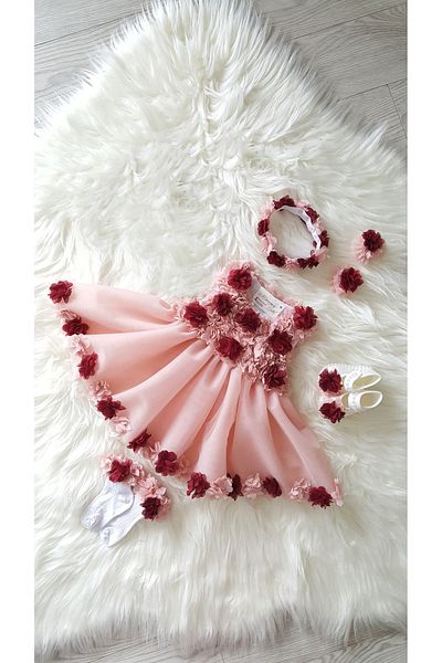 GOLD TEKSTİL Baby Dress Powder Burgundy floral Girl Special Occasion Dress Children's Wedding Combination Dress