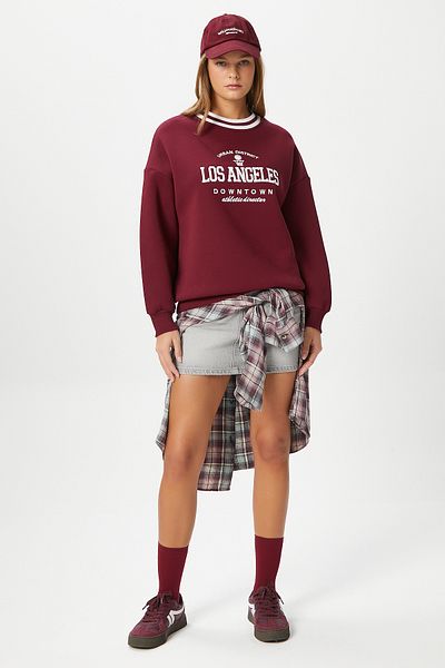 Ritnice Women's Embroidered Los Angeles Burgundy Oversize Sweatshirt with Fleece Inside