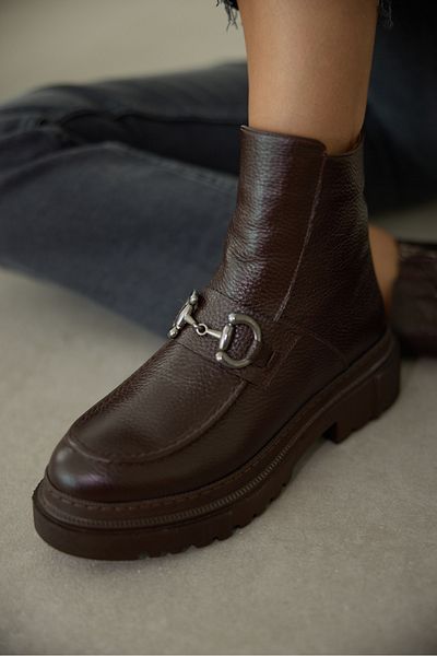selinshoes Melodi Genuine Leather Front Buckle Detailed Zippered Boots - Bitter Brown