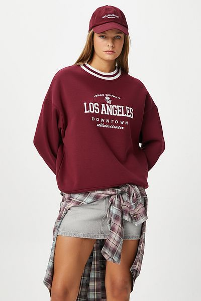 Ritnice Women's Embroidered Los Angeles Burgundy Oversize Sweatshirt with Fleece Inside