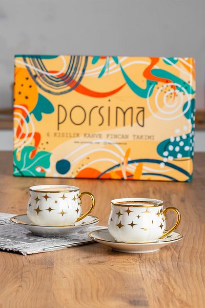 Porsima Zephyr Gold Gilded 6-Person Cup Set 12-Piece Turkish Coffee Set Coffee Cup