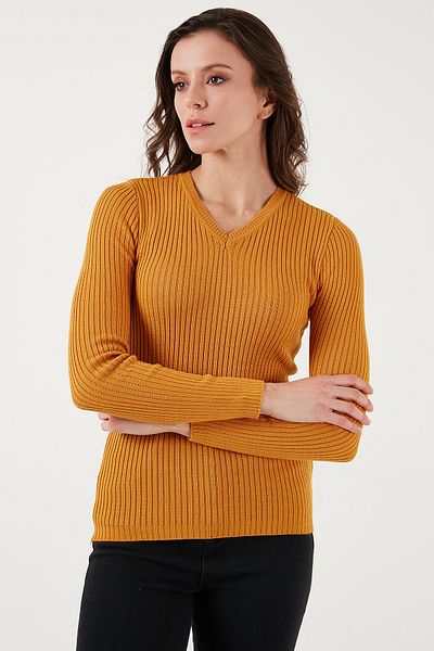 Fashion Friends Pulover Slim Fit cu decolteu în V cu nervuri 24K0289K1