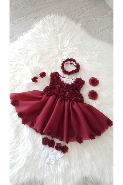 GOLD TEKSTİL Baby Girl Dress Claret Red Color Gift Girl's Dress Eid Dress Mevlit Set Birthday Dress