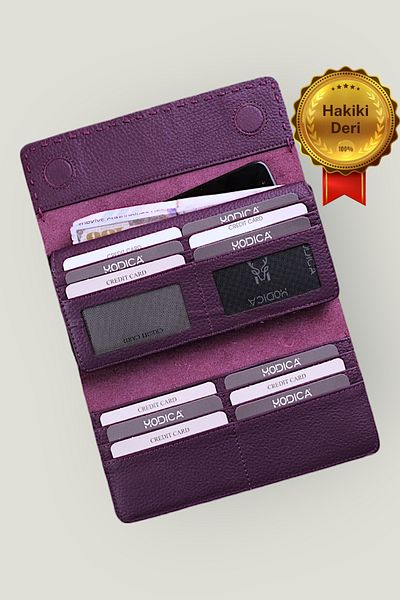 Modica Tampa - Genuine Leather Purple Wallet with Magnetic Phone Compartment, 14 Card Compartments
